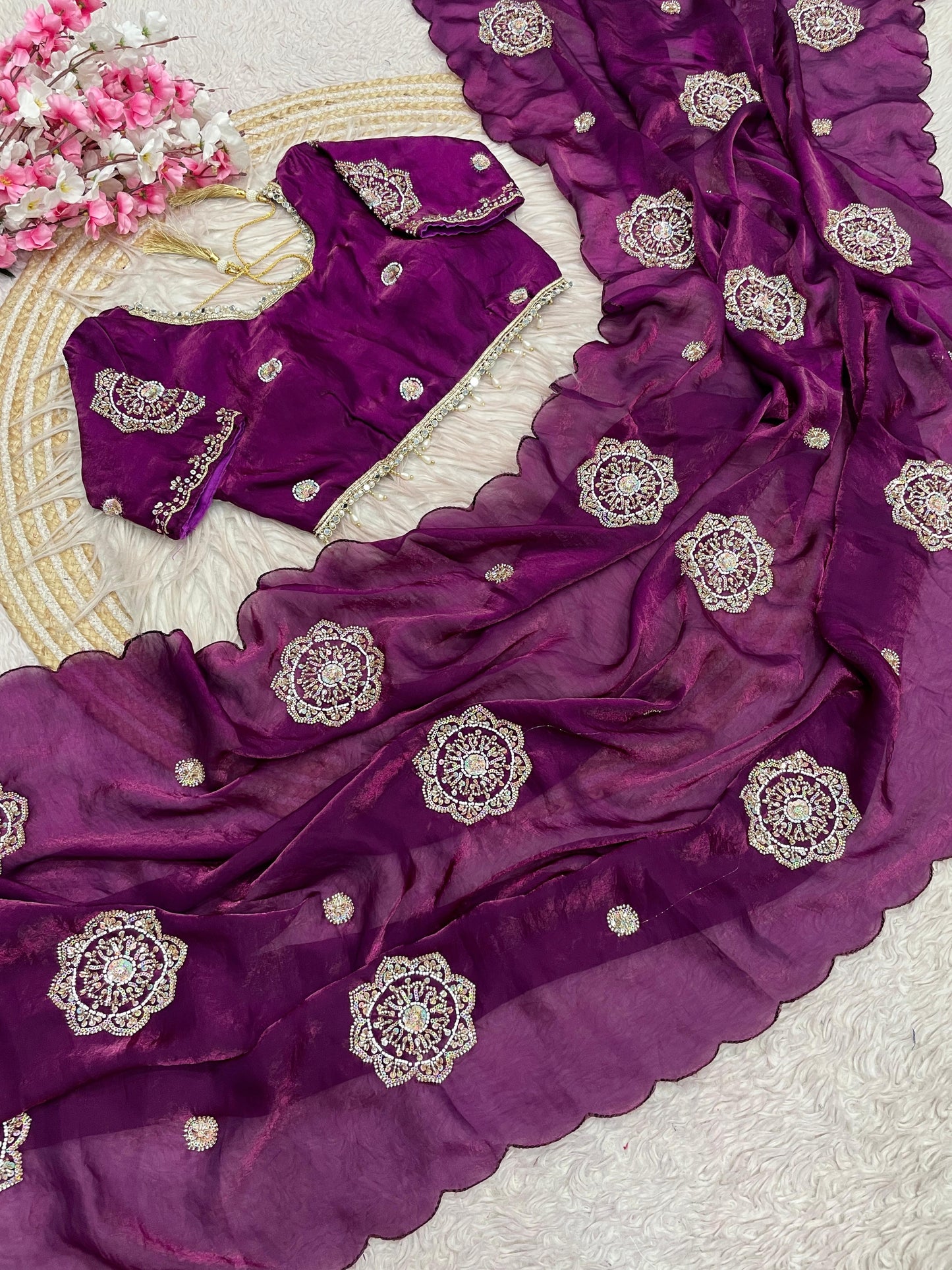 Fandy Satin Saree Beautiful Khatli & Bricks Work With Designer Arco Border