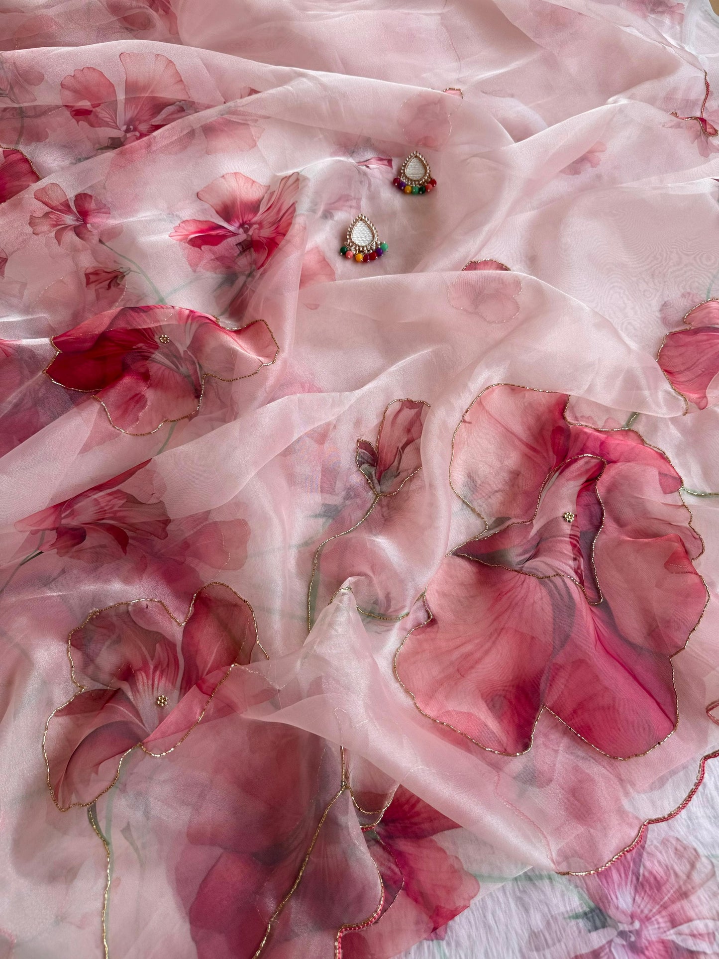 Premium Soft Organza Digital Print Saree with Moti, Aarka & Kardana Handwork