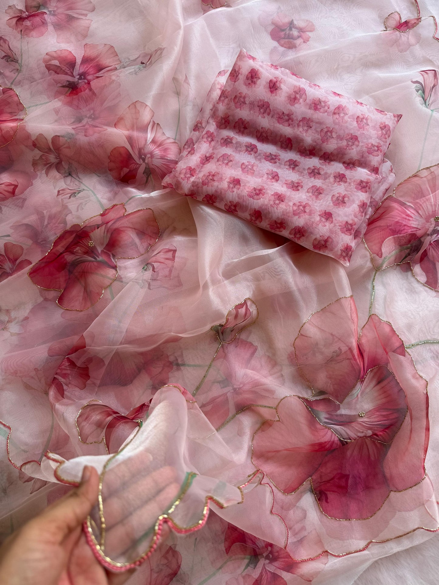 Premium Soft Organza Digital Print Saree with Moti, Aarka & Kardana Handwork