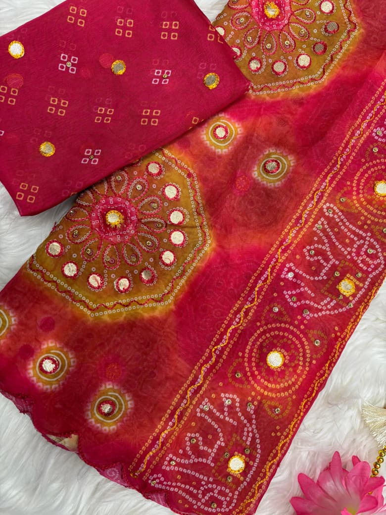 Premium Pure Tabby Silk Digital Print Saree with Gota Handwork