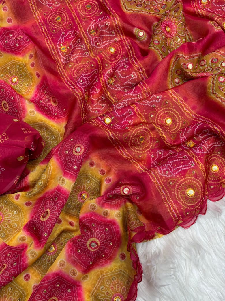 Premium Pure Tabby Silk Digital Print Saree with Gota Handwork