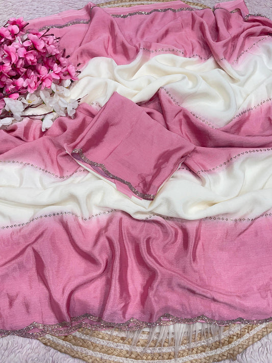 Premium Chinnon Saree with Exquisite Jarkan Work – Luxury Guaranteed