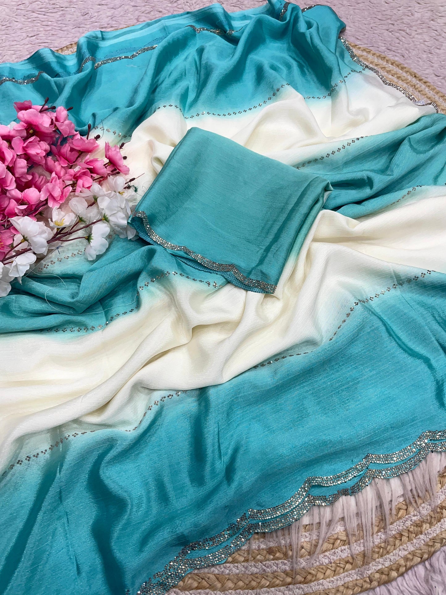 Premium Chinnon Saree with Exquisite Jarkan Work – Luxury Guaranteed