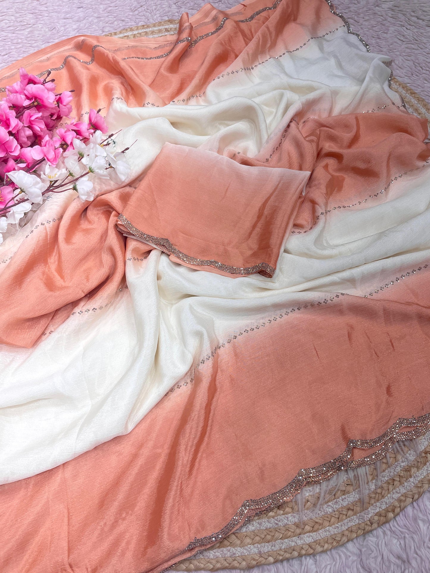Premium Chinnon Saree with Exquisite Jarkan Work – Luxury Guaranteed