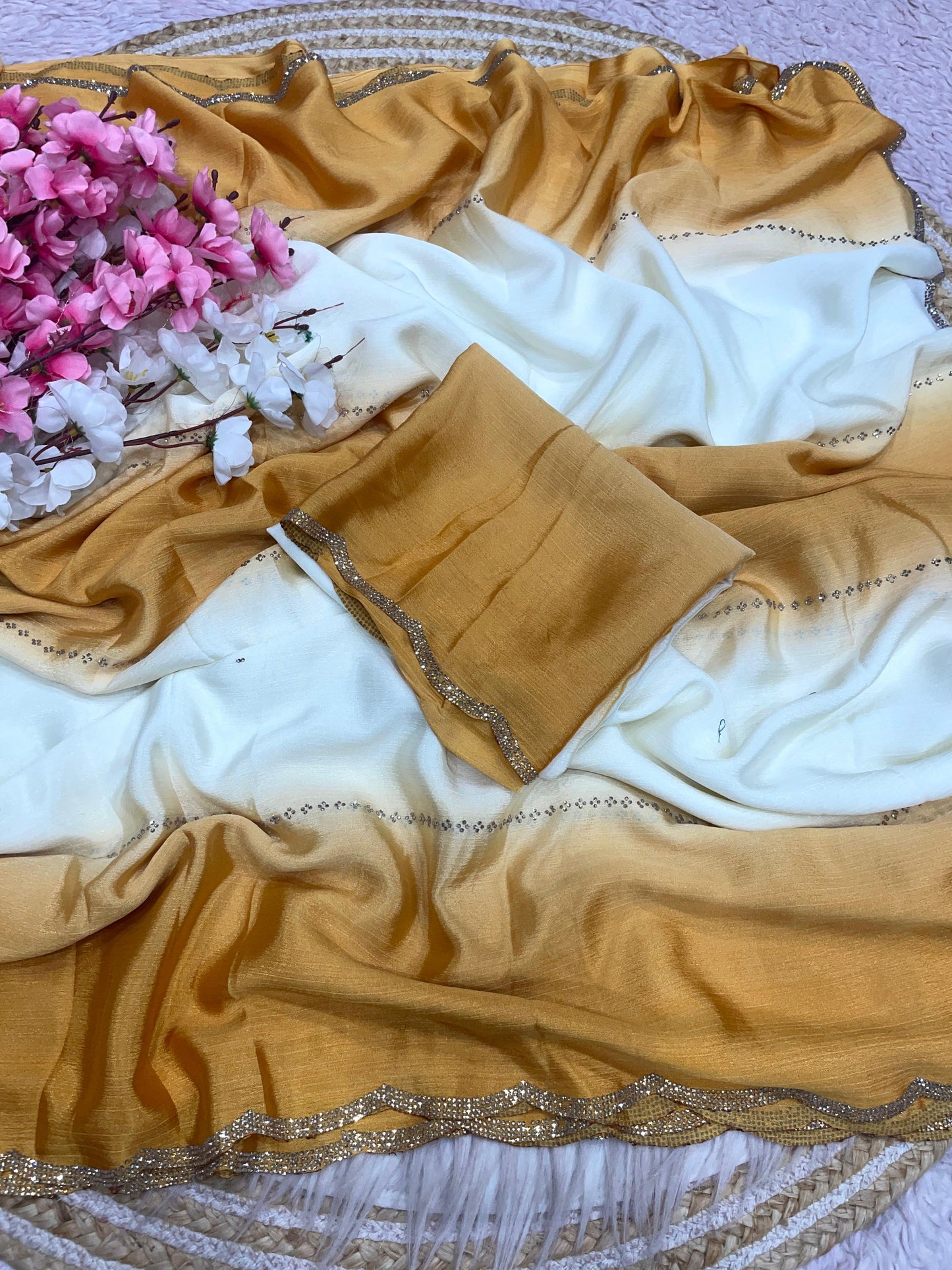 Premium Chinnon Saree with Exquisite Jarkan Work – Luxury Guaranteed