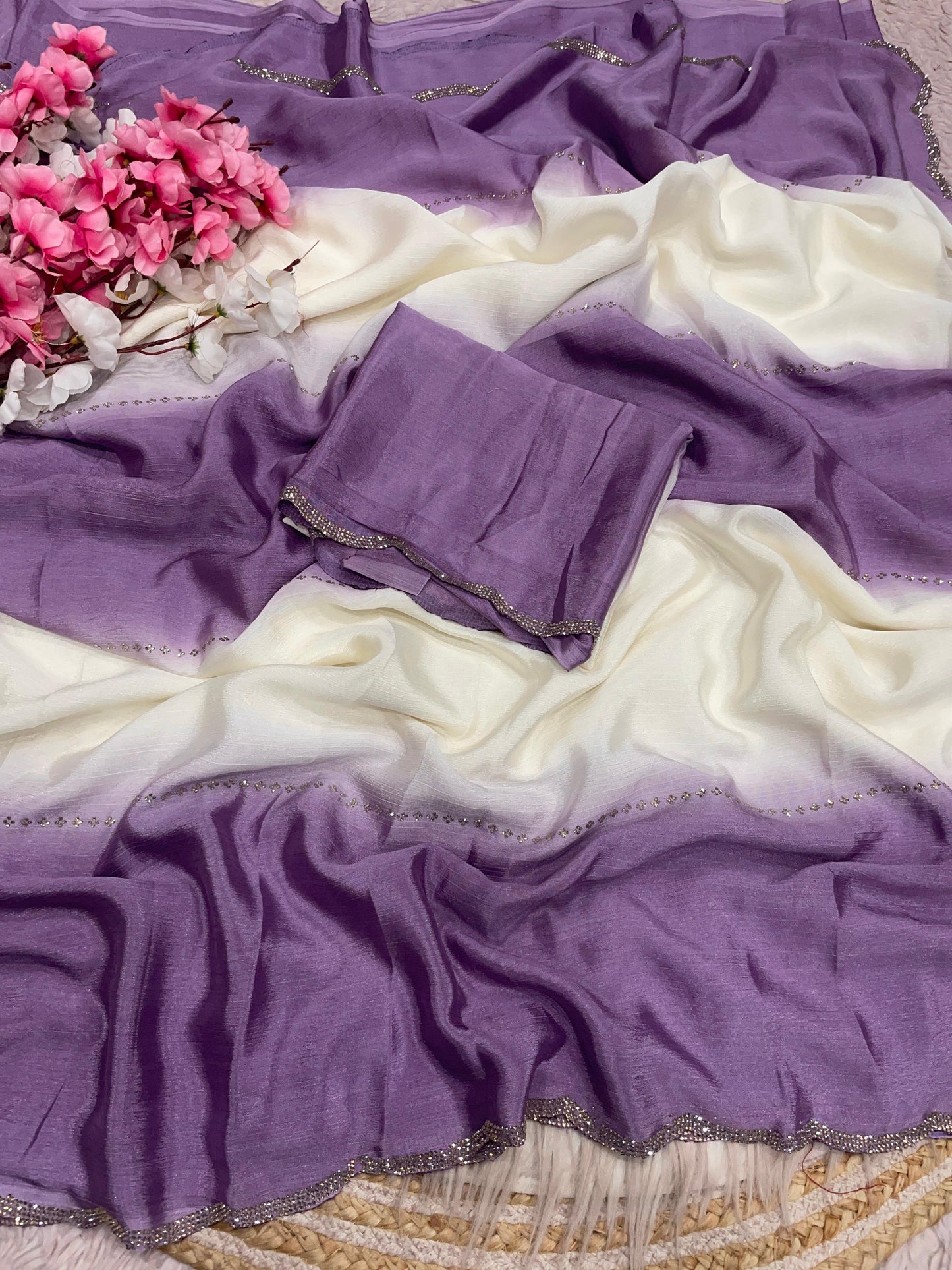 Premium Chinnon Saree with Exquisite Jarkan Work – Luxury Guaranteed