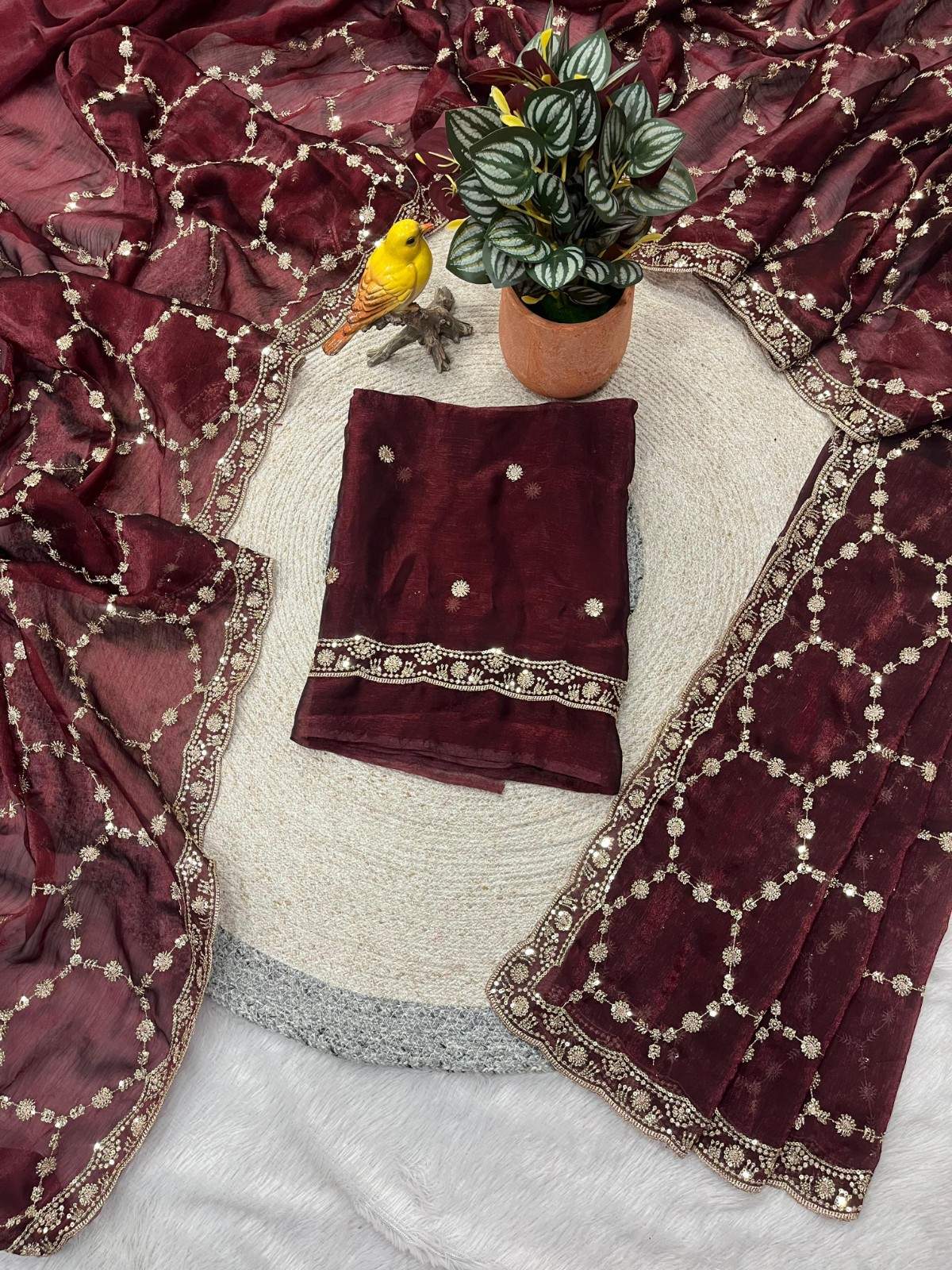 Premium Pure Frendy Chiffon Saree with 3mm Sequin & Zari Embroidery