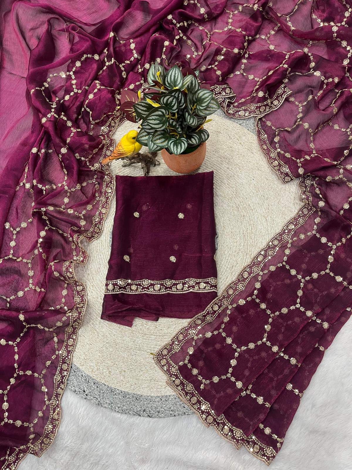 Premium Pure Frendy Chiffon Saree with 3mm Sequin & Zari Embroidery