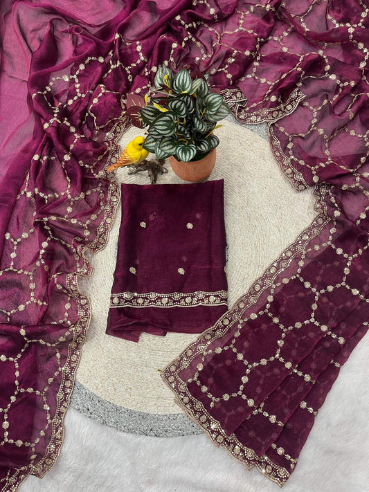 Premium Pure Frendy Chiffon Saree with 3mm Sequin & Zari Embroidery