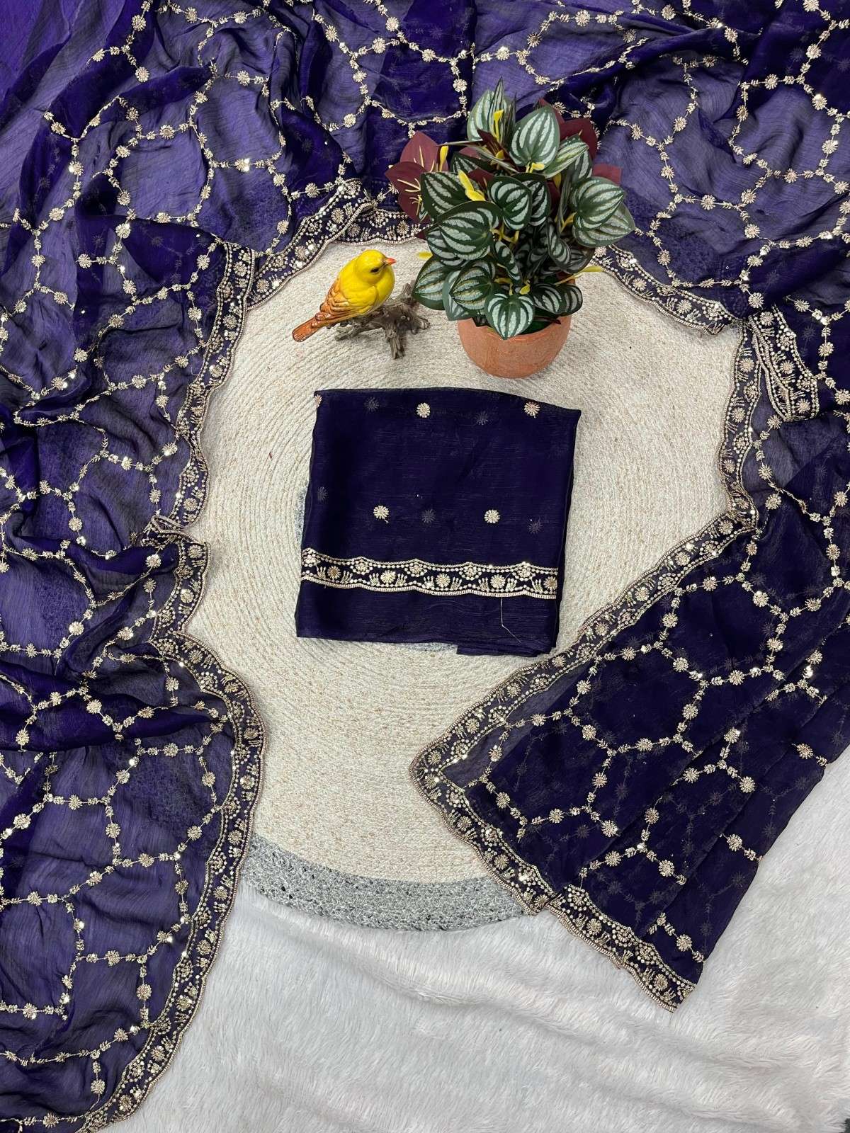 Premium Pure Frendy Chiffon Saree with 3mm Sequin & Zari Embroidery