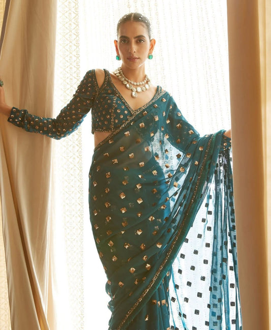 Heavy Faux Georgette Sequence Embroidery Saree 5mm Sequins Box Work