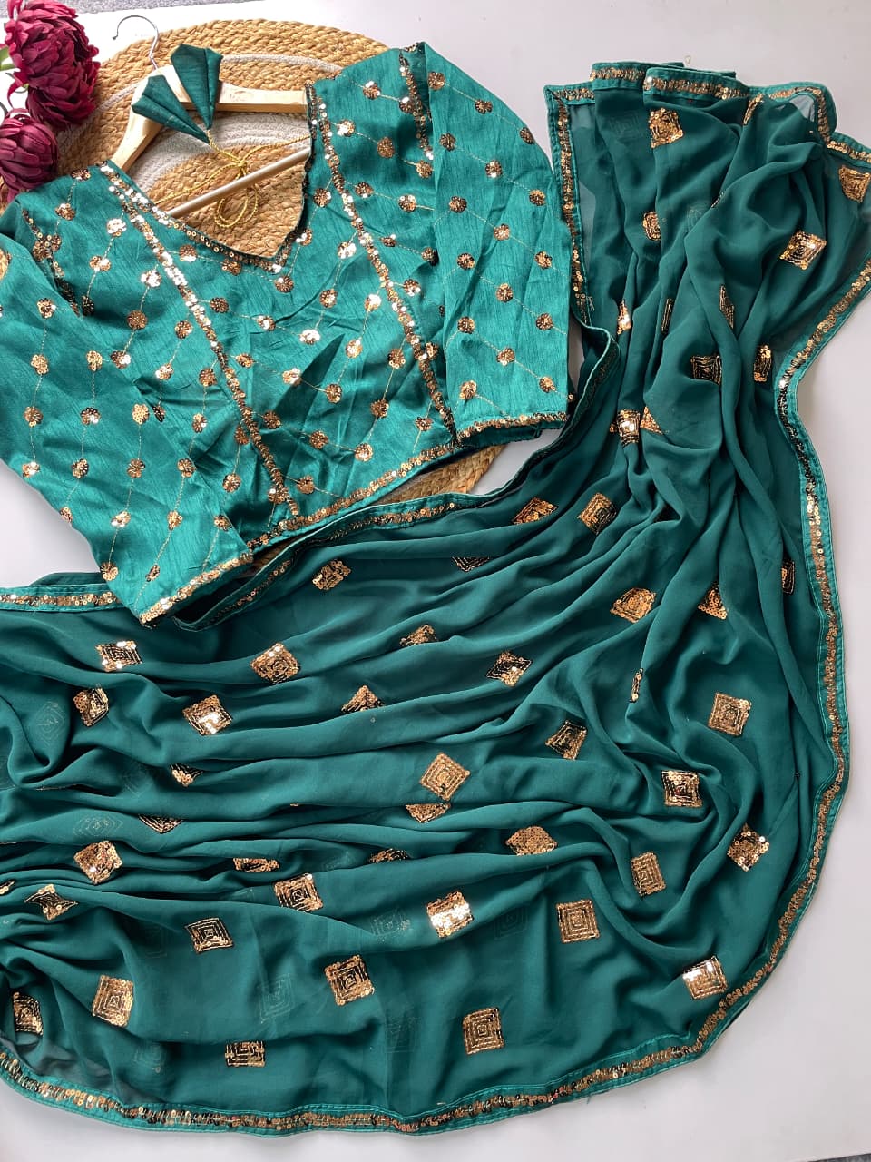 Heavy Faux Georgette Sequence Embroidery Saree 5mm Sequins Box Work
