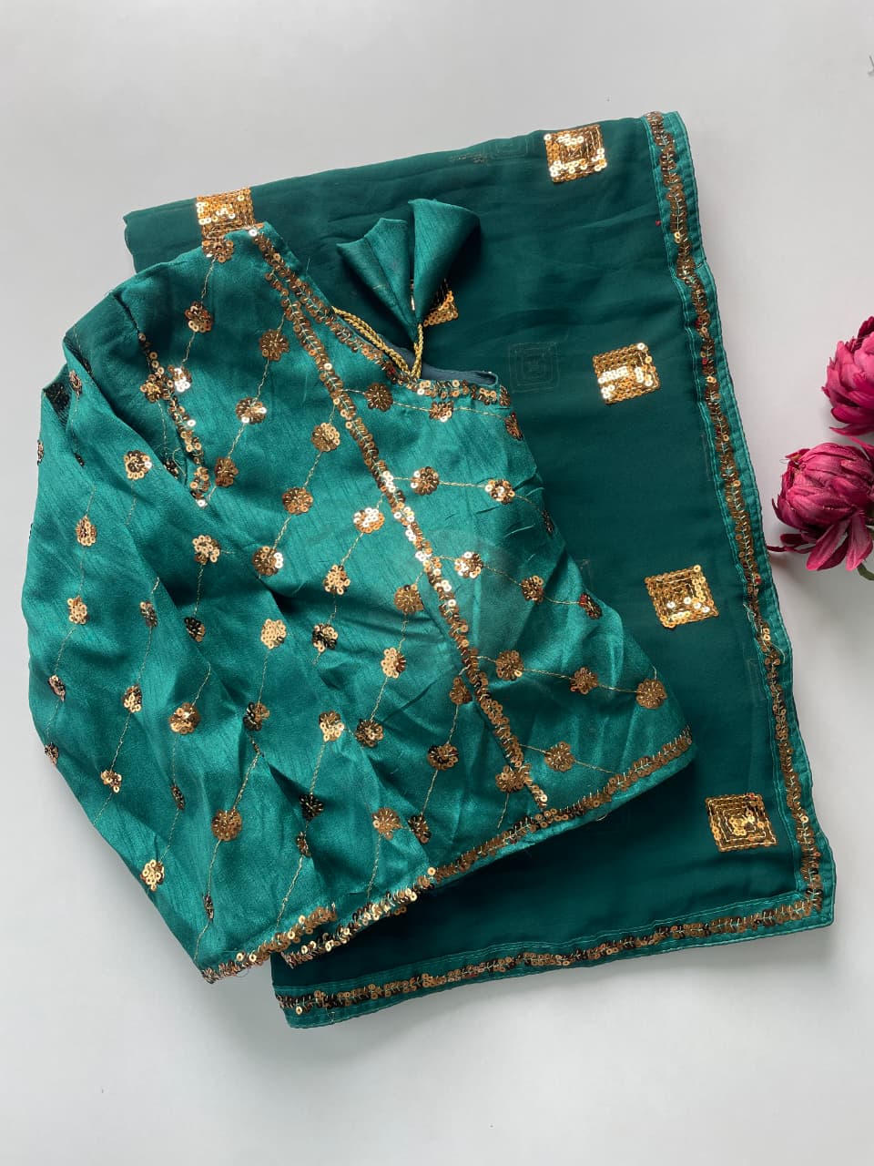 Heavy Faux Georgette Sequence Embroidery Saree 5mm Sequins Box Work