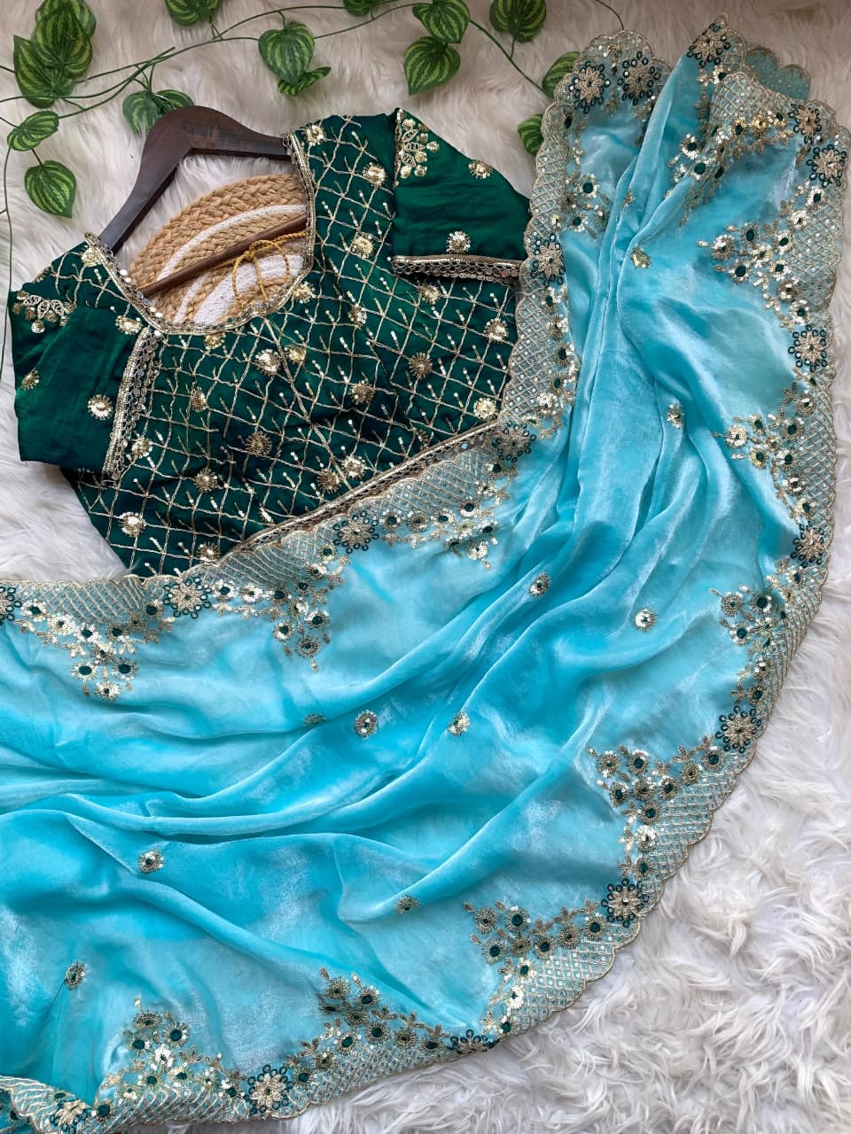 Premium Fendy Satin Saree with 3mm Sequence Embroidery & Designer Blouse