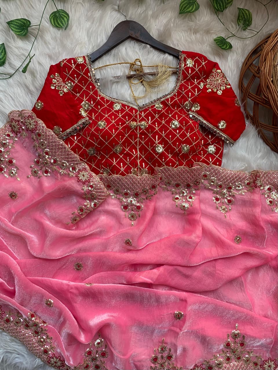 Premium Fendy Satin Saree with 3mm Sequence Embroidery & Designer Blouse
