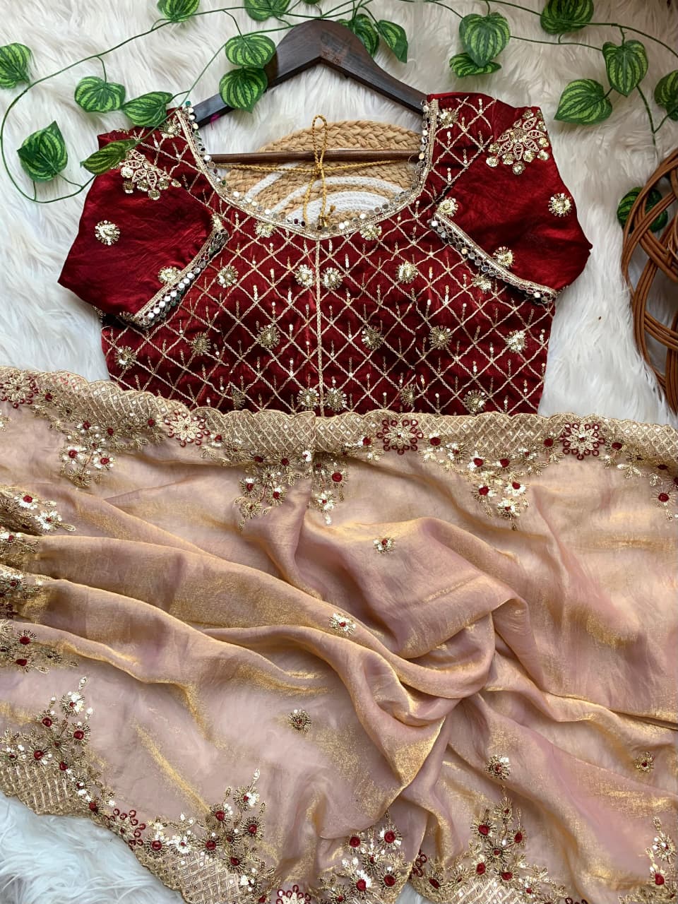 Premium Fendy Satin Saree with 3mm Sequence Embroidery & Designer Blouse