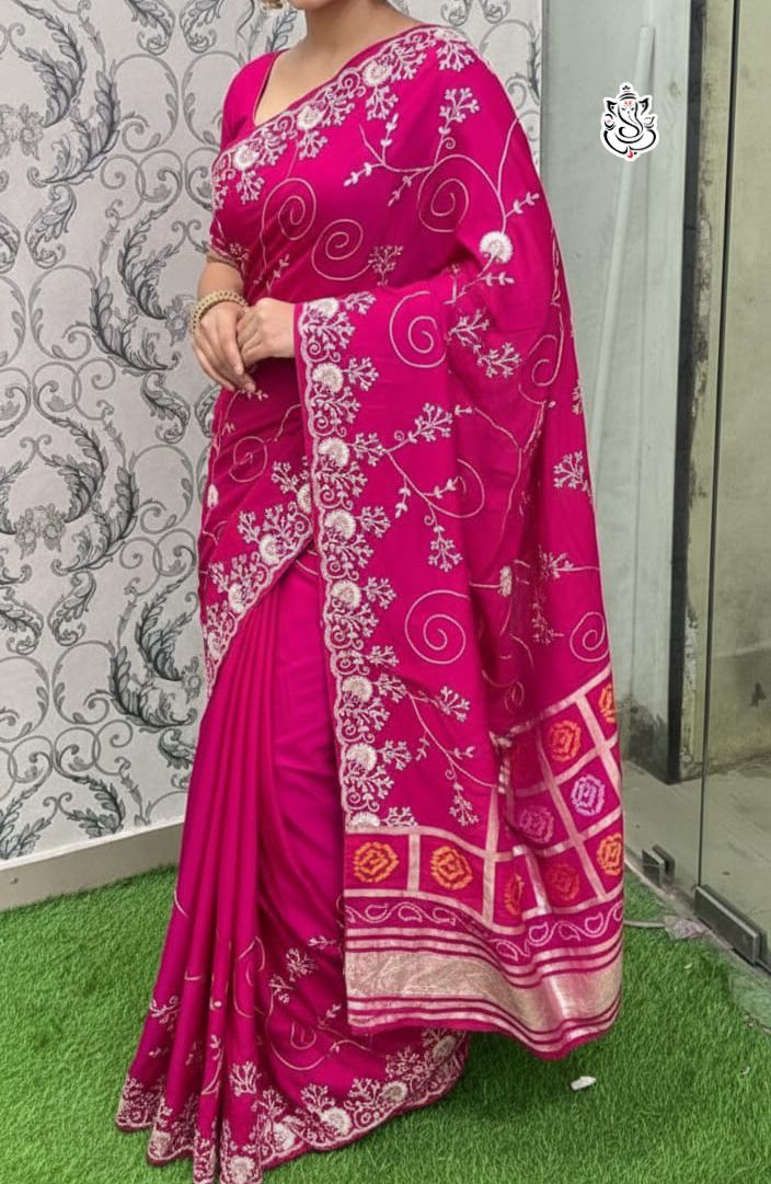 Premium Dola Silk Bandhej Weaving Saree with Pittha Work & Designer Pallu