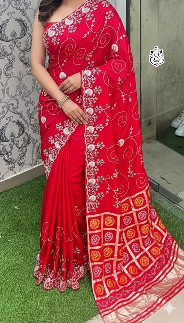 Premium Dola Silk Bandhej Weaving Saree with Pittha Work & Designer Pallu