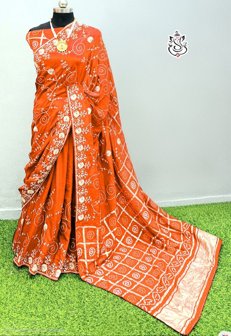 Premium Dola Silk Bandhej Weaving Saree with Pittha Work & Designer Pallu