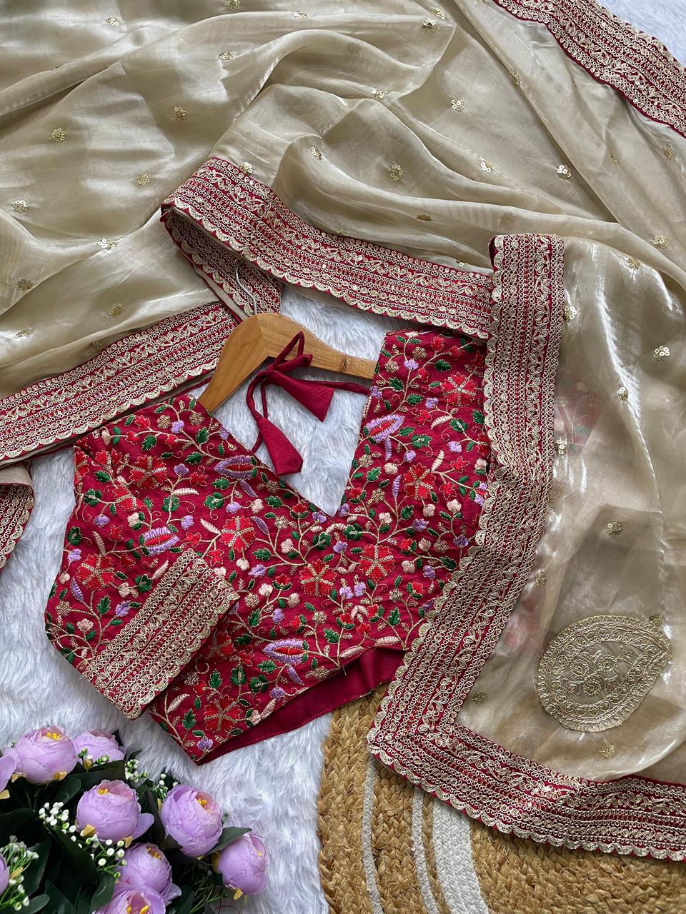 Pure Soft Zimmy Choo Silk Saree with Heavy Multi-Thread Embroidery & Sequin Work