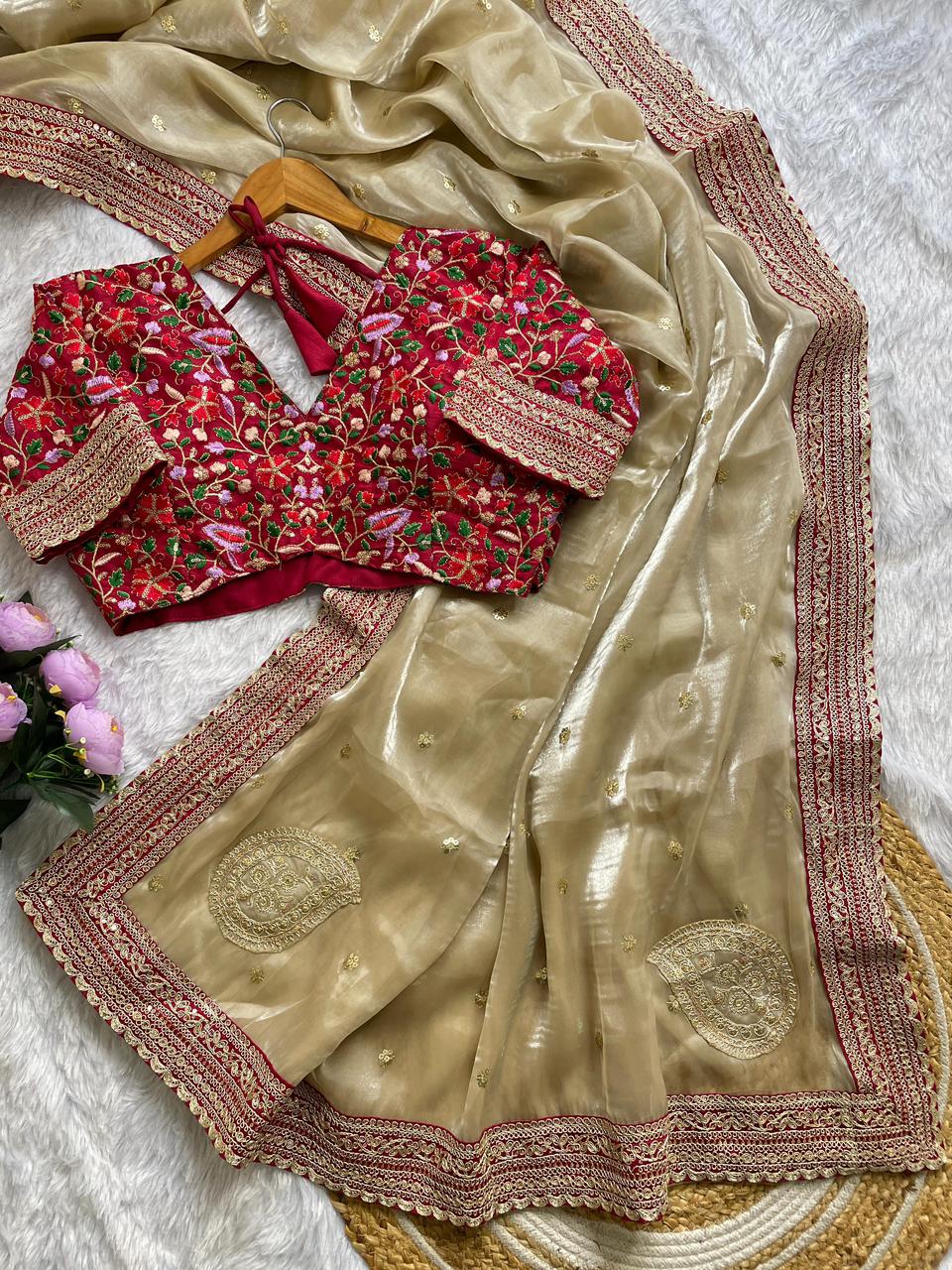Pure Soft Zimmy Choo Silk Saree with Heavy Multi-Thread Embroidery & Sequin Work
