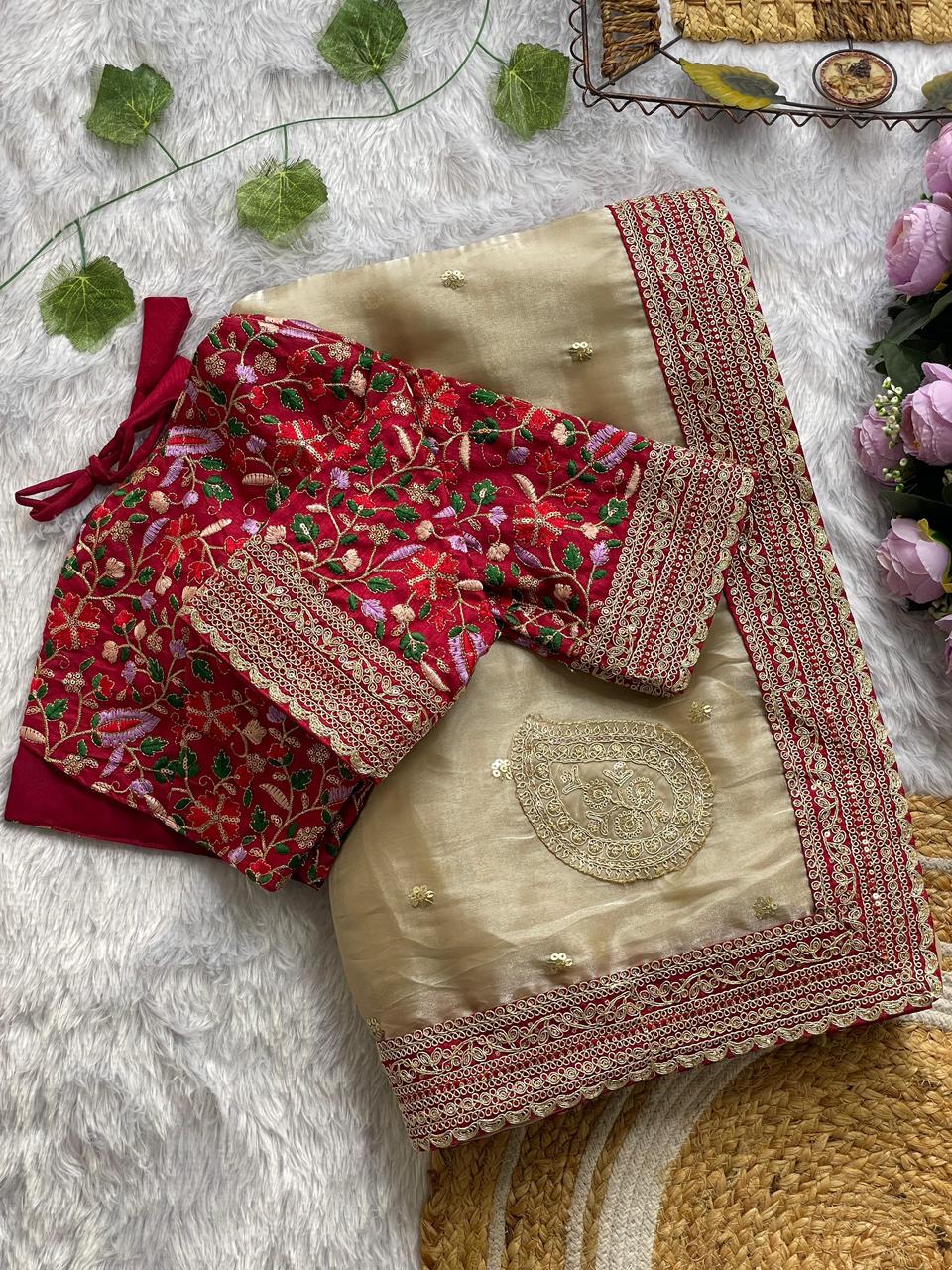 Pure Soft Zimmy Choo Silk Saree with Heavy Multi-Thread Embroidery & Sequin Work