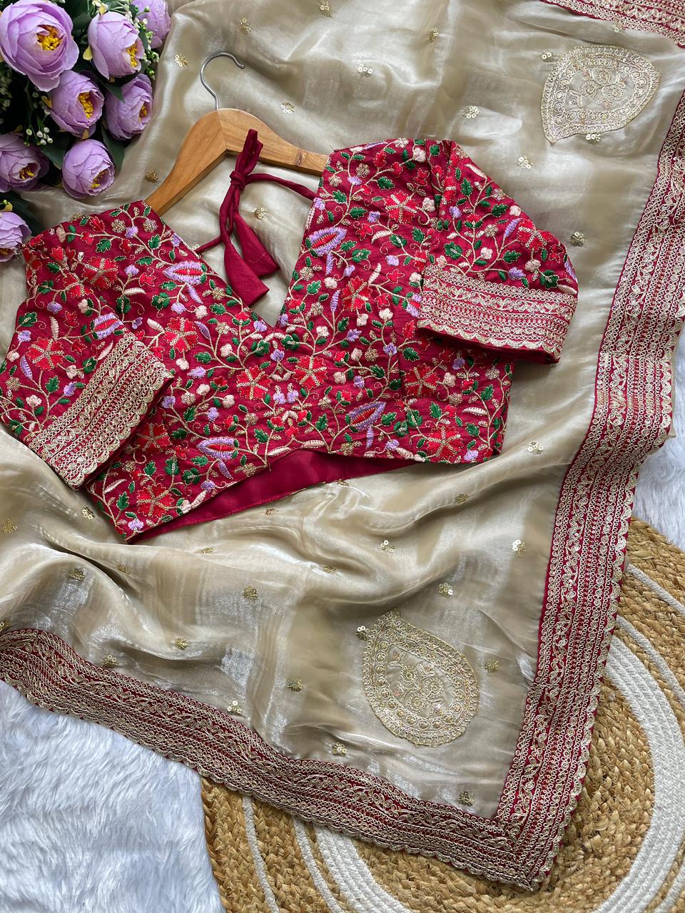 Pure Soft Zimmy Choo Silk Saree with Heavy Multi-Thread Embroidery & Sequin Work
