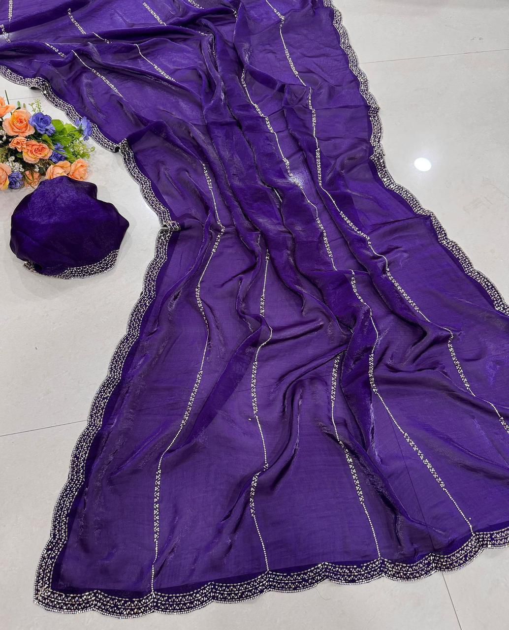 Premium Space Satin Soft Silk Saree with Jarkhan Work & Running Work Blouse