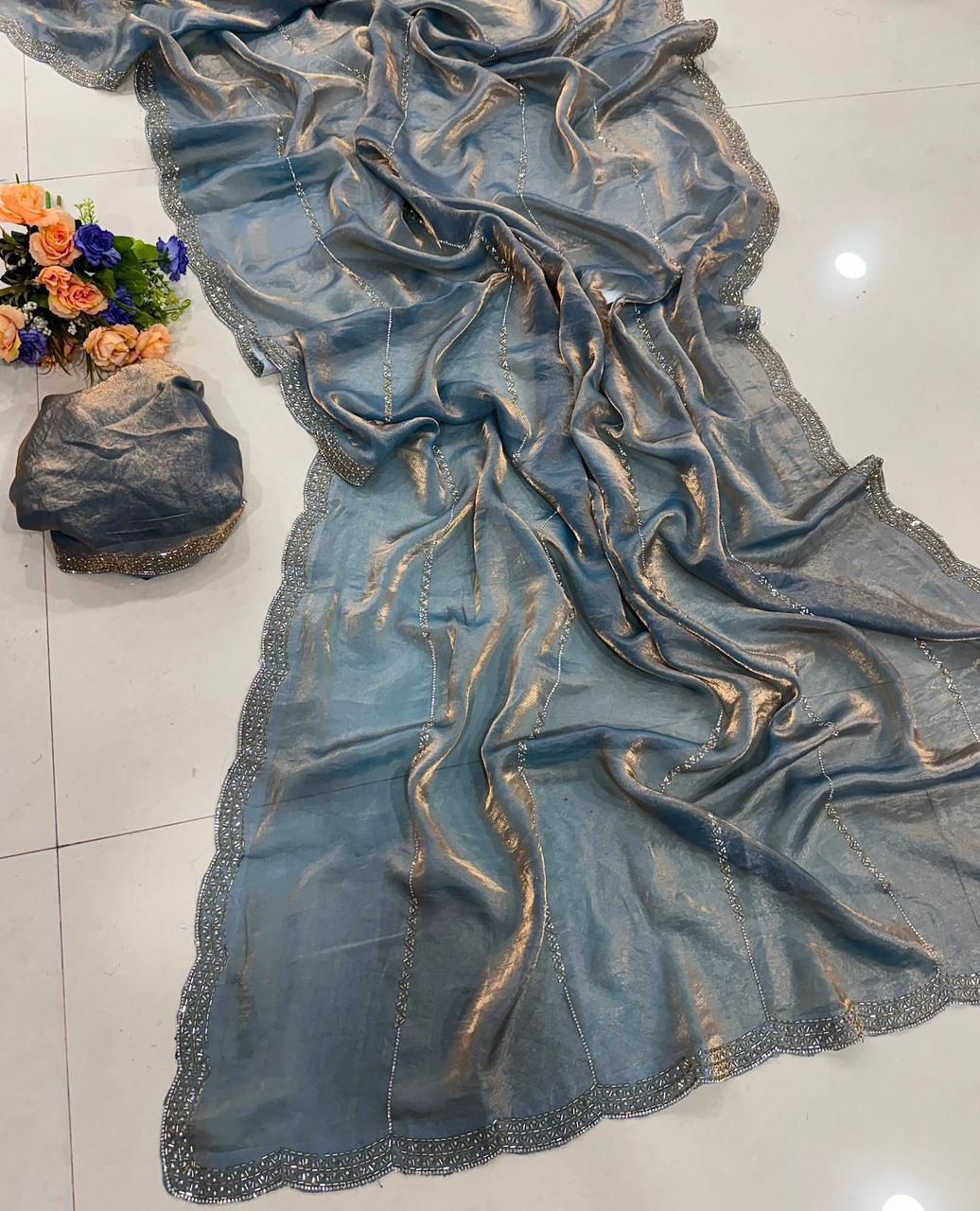 Premium Space Satin Soft Silk Saree with Jarkhan Work & Running Work Blouse