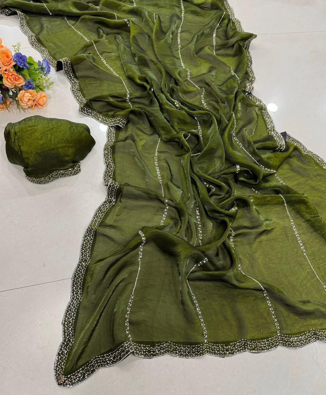 Premium Space Satin Soft Silk Saree with Jarkhan Work & Running Work Blouse