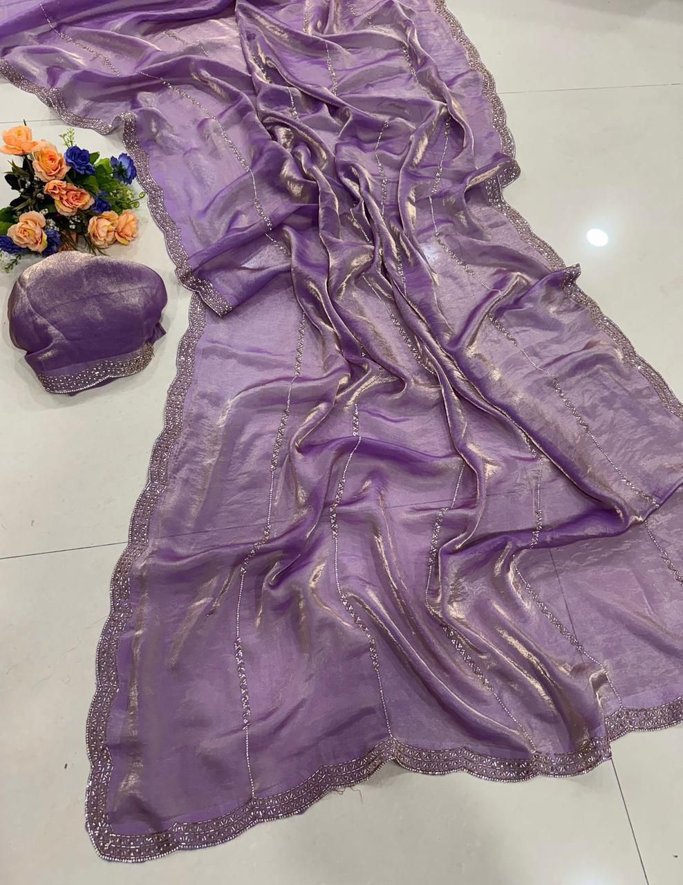 Premium Space Satin Soft Silk Saree with Jarkhan Work & Running Work Blouse
