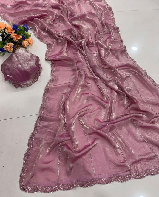 Premium Space Satin Soft Silk Saree with Jarkhan Work & Running Work Blouse