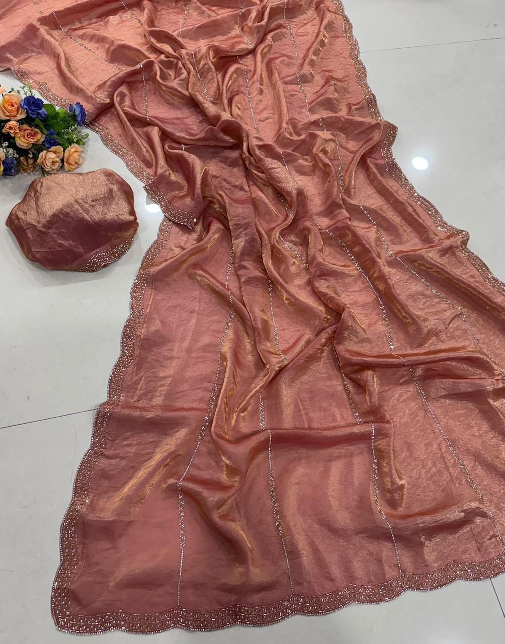 Premium Space Satin Soft Silk Saree with Jarkhan Work & Running Work Blouse