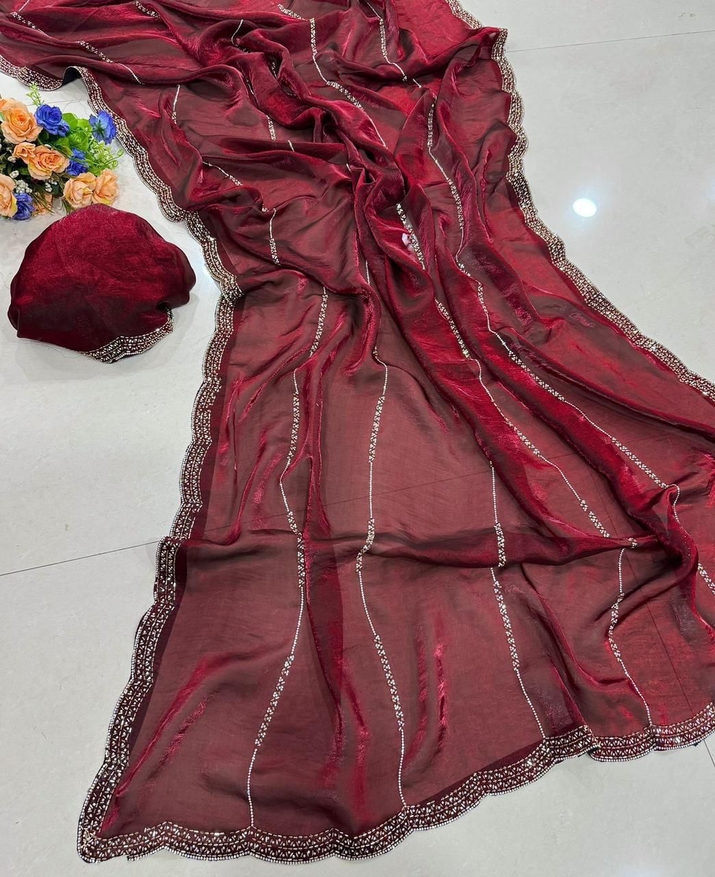 Premium Space Satin Soft Silk Saree with Jarkhan Work & Running Work Blouse