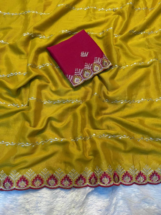 Premium Star Georgette Lehariya Saree with Designer C-Pallu & Embroidered Blouse