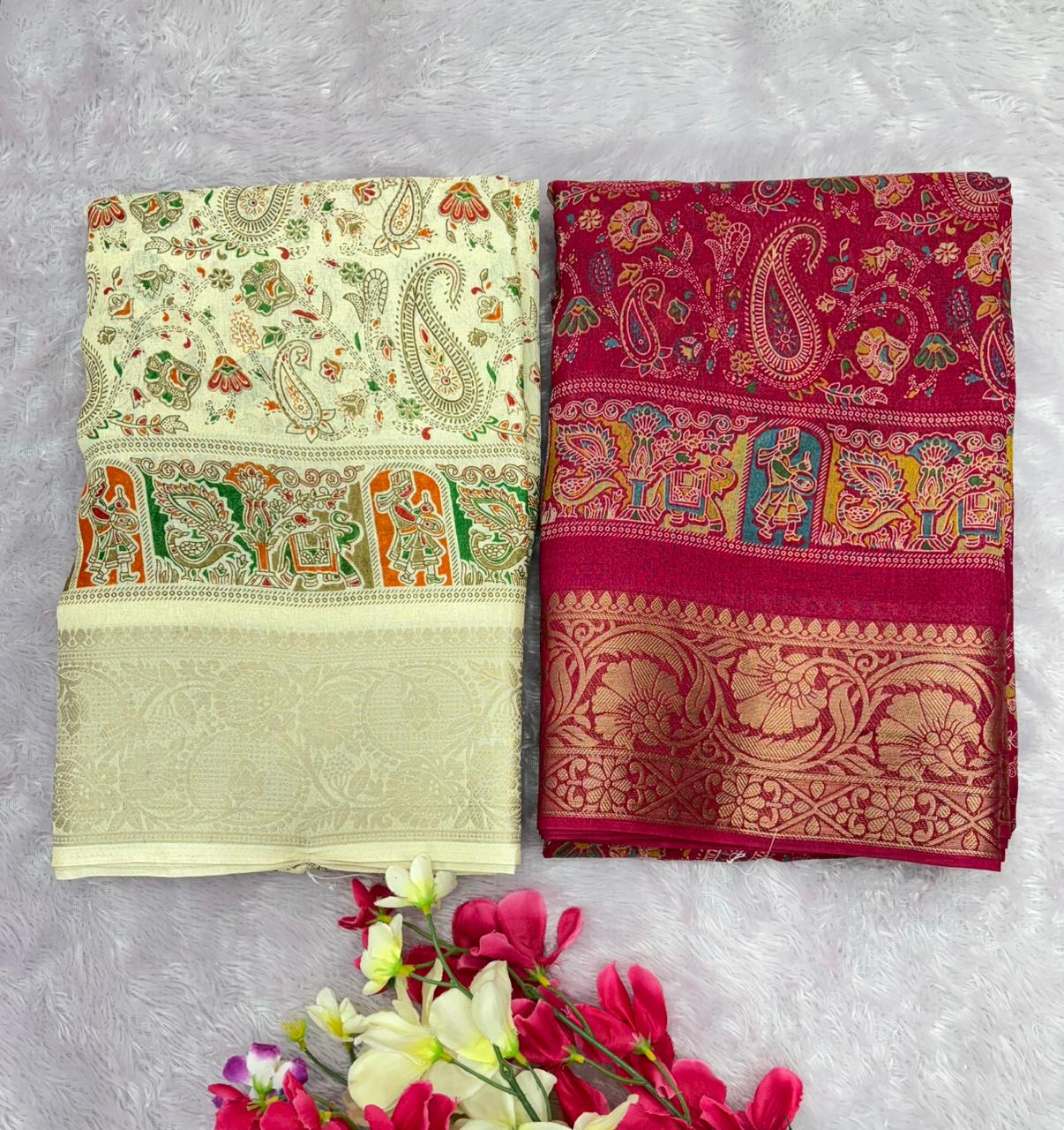 Premium Dola Silk Kalamkari Printed Saree with Jacquard Border & Matching Blouse