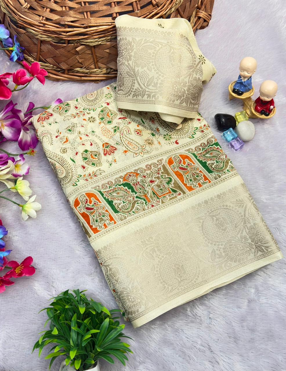 Premium Dola Silk Kalamkari Printed Saree with Jacquard Border & Matching Blouse