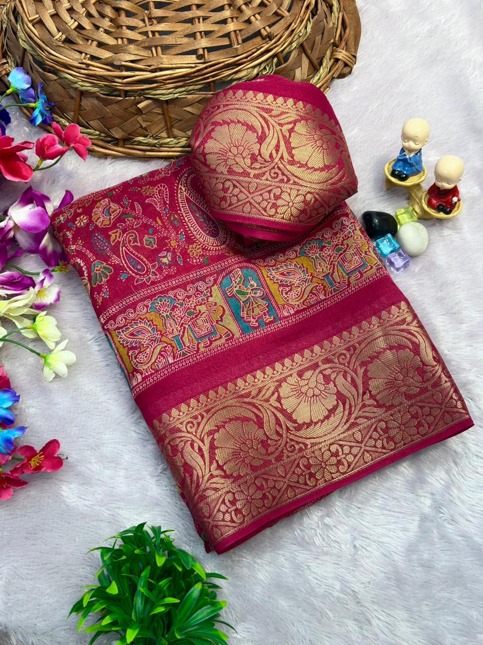 Premium Dola Silk Kalamkari Printed Saree with Jacquard Border & Matching Blouse