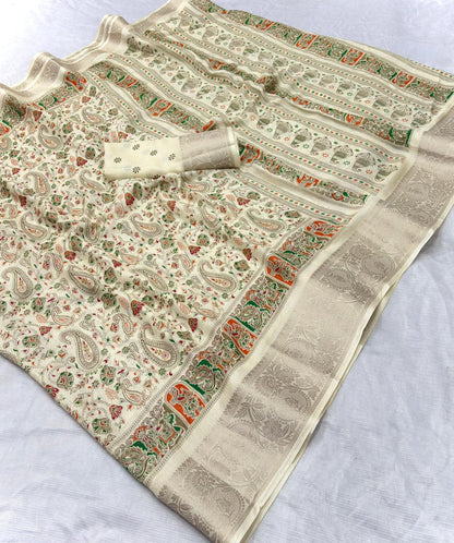 Premium Dola Silk Kalamkari Printed Saree with Jacquard Border & Matching Blouse