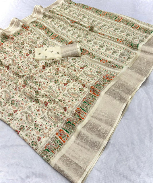 Premium Dola Silk Kalamkari Printed Saree with Jacquard Border & Matching Blouse