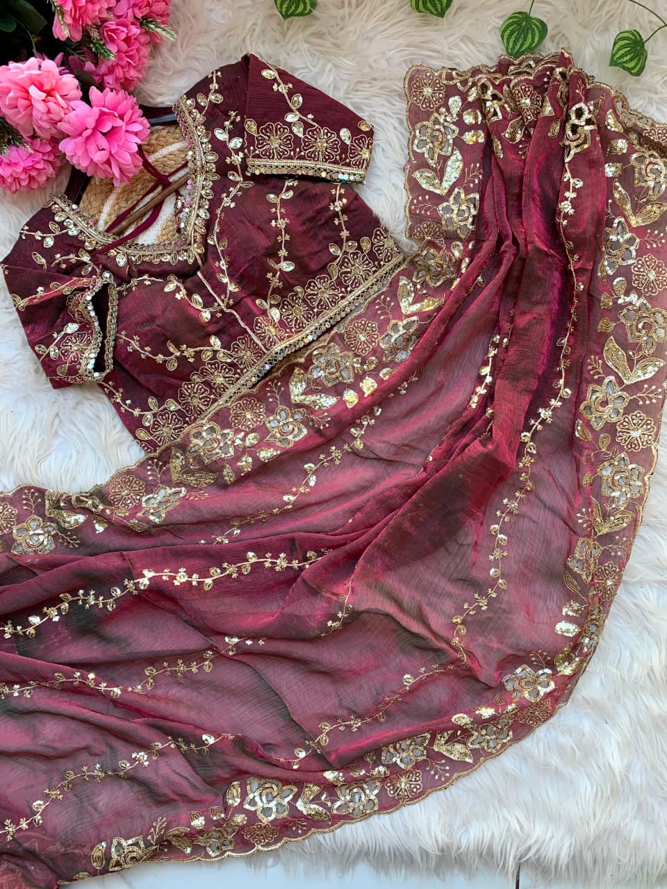 Premium Fendy Chiffon Lehariya Saree with Heavy Cutwork Border