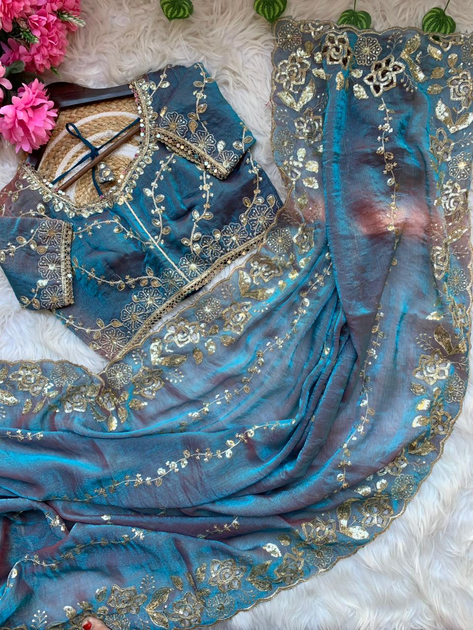 Premium Fendy Chiffon Lehariya Saree with Heavy Cutwork Border