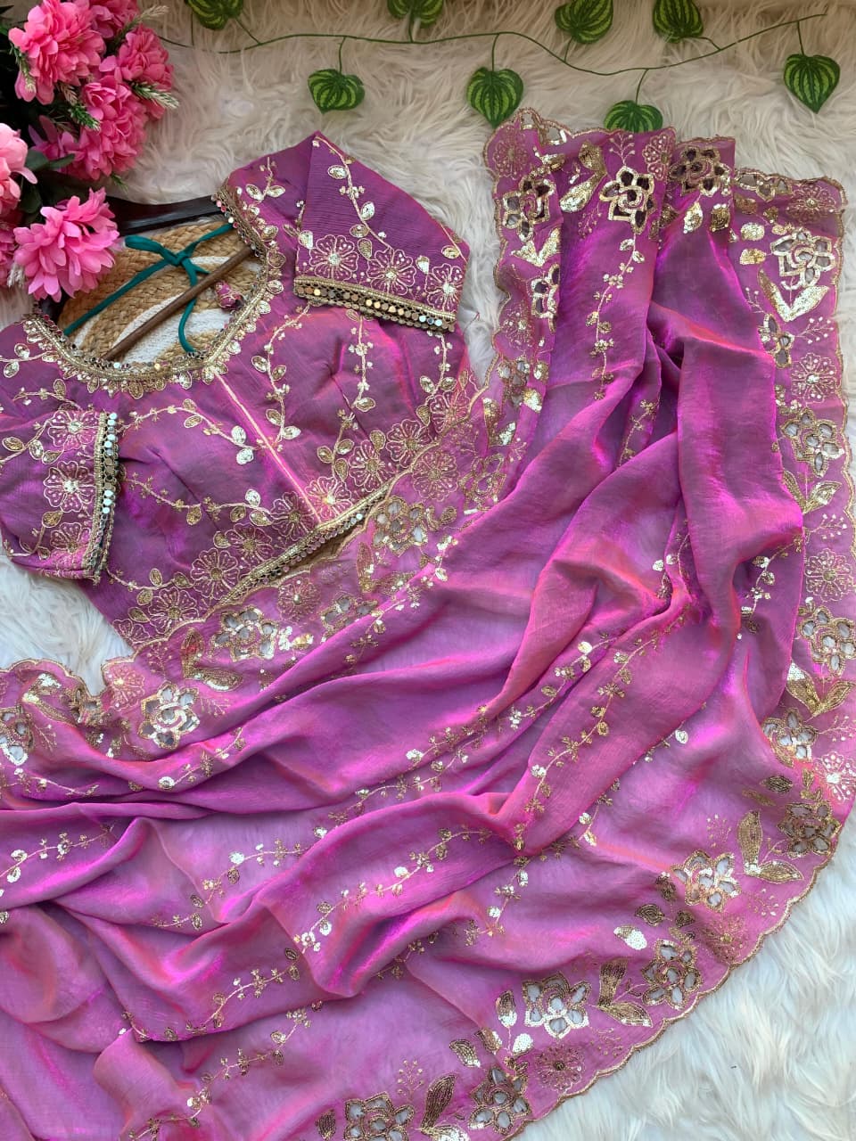 Premium Fendy Chiffon Lehariya Saree with Heavy Cutwork Border