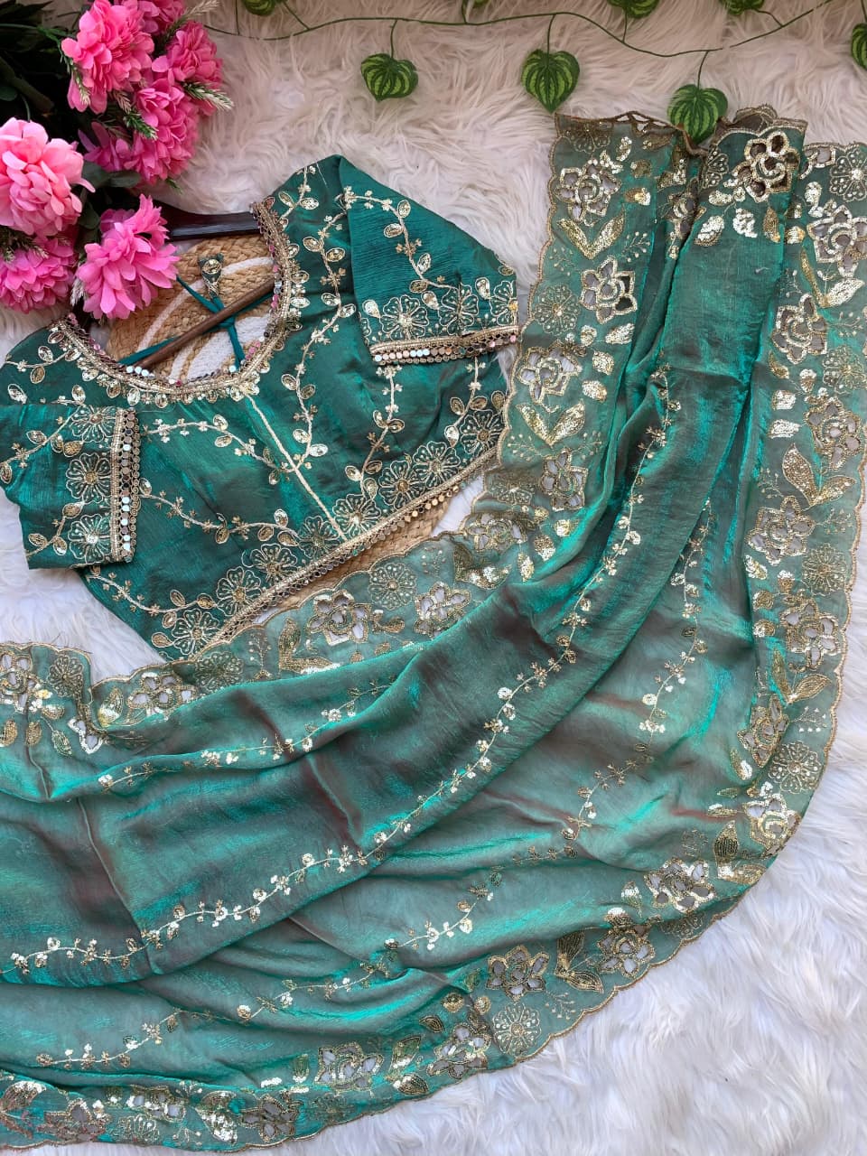 Premium Fendy Chiffon Lehariya Saree with Heavy Cutwork Border