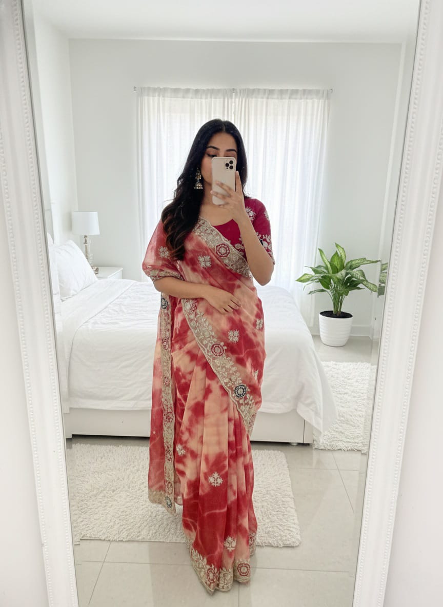 Premium Twill Net Prism Print Saree with Sequin Embroidery