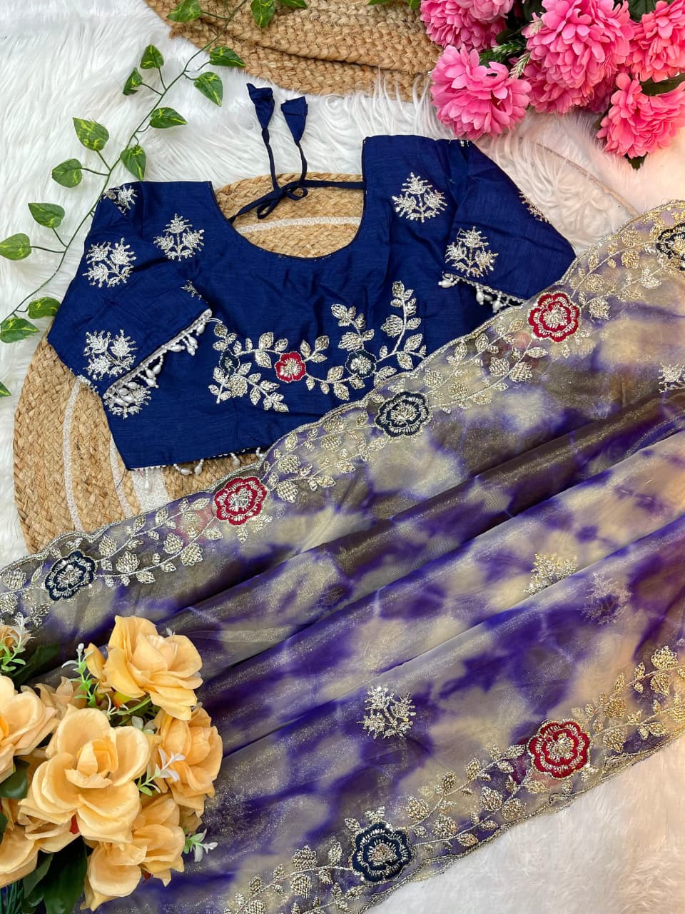 Premium Twill Net Prism Print Saree with Sequin Embroidery