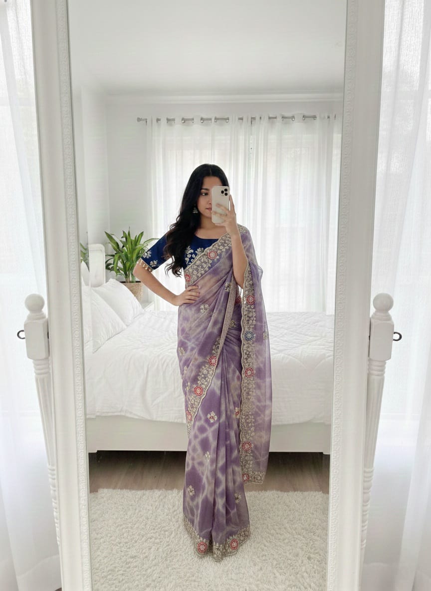 Premium Twill Net Prism Print Saree with Sequin Embroidery