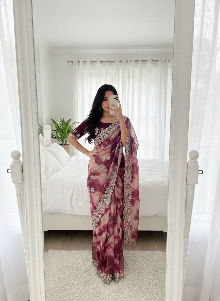 Premium Twill Net Prism Print Saree with Sequin Embroidery