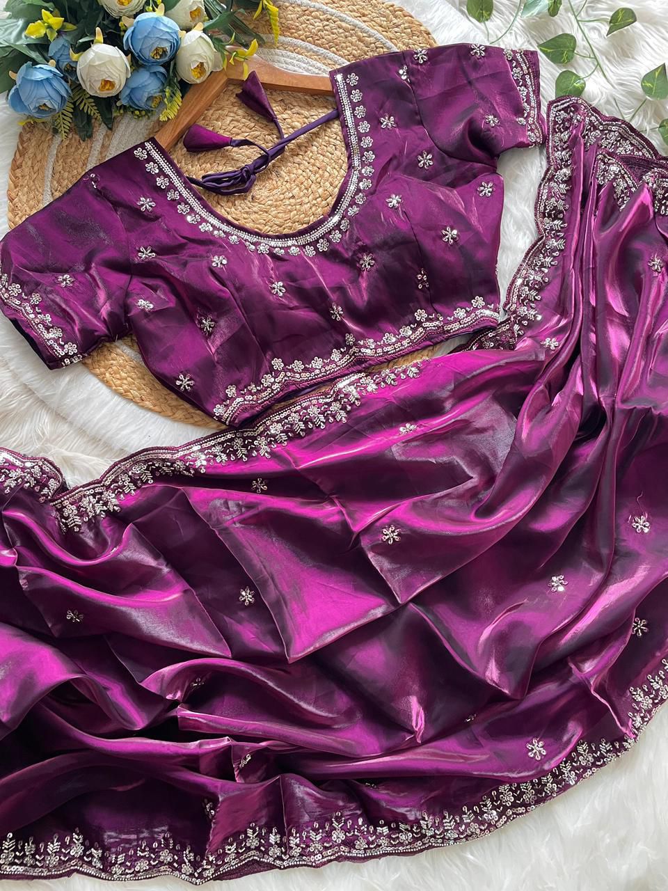 Pure Soft Zimmy Choo Silk Saree with Real Cut Dana Handwork
