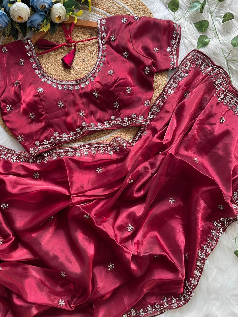 Pure Soft Zimmy Choo Silk Saree with Real Cut Dana Handwork